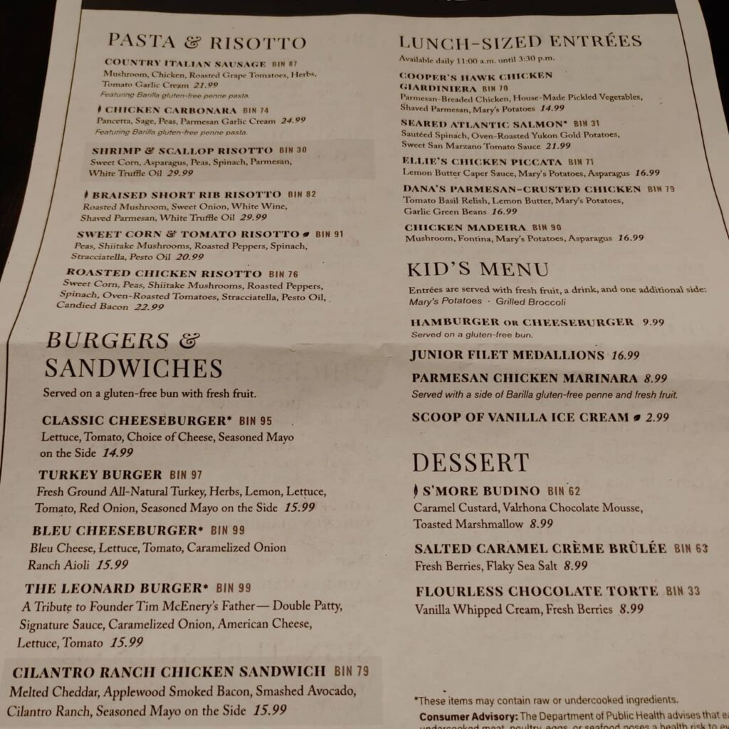 cooper's hawk gluten free menu