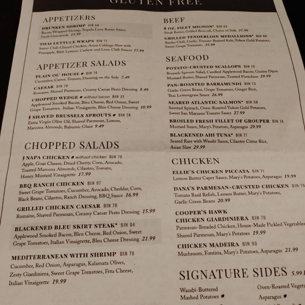 cooper's hawk gluten free menu